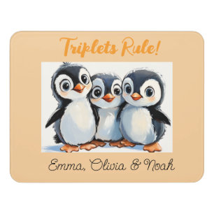 Custom Door Sign For Triplets, Cute Penguins 