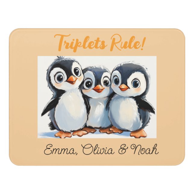 Custom Door Sign For Triplets, Cute Penguins  (Contemporary Front)