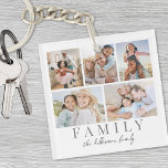 Custom Double Sided Family Photo Keychain<br><div class="desc">This simple and elegant boho-inspired keychain is a perfect way to celebrate family. The design features a space for five photos, with "Family" displayed underneath in a classic serif font. In soft script, there's room to add the family name, the first names of family members, or even a special message...</div>