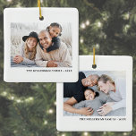 Custom Double Sided Family Two Photo Christmas Ceramic Ornament<br><div class="desc">Black Photo Collage Christmas Ornament. This custom ornament features a sleek black design with a photo on each side, giving you space to showcase two special memories. Below each photo, there’s room to include the family name, date, or any custom line of text for a personal touch. The simple black...</div>