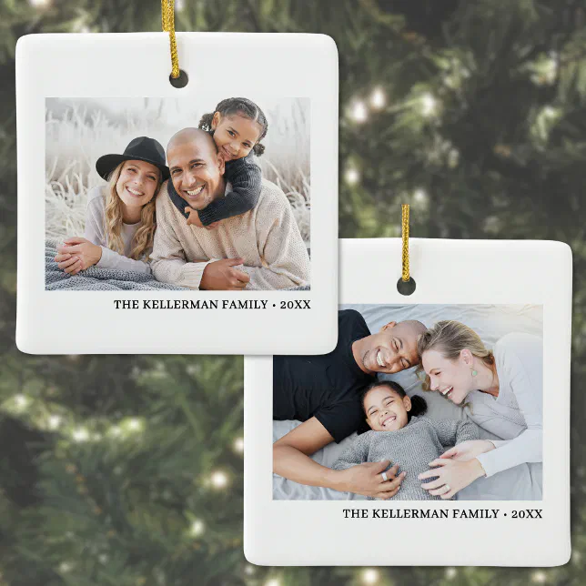 Custom Double Sided Family Two Photo Christmas Ceramic Ornament | Zazzle