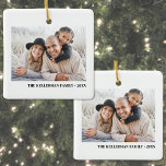 Custom Double Sided Family Two Photo Christmas Ceramic Ornament<br><div class="desc">White Photo Collage Christmas Ornament. This custom ornament features a clean white background with a photo on each side, giving you room to showcase two favorite memories. Under each photo, there’s space to add the family name, date, or a custom line of text in simple black typography for a personal...</div>