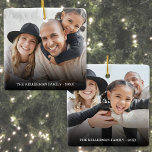 Custom Double Sided Family Two Photo Christmas Ceramic Ornament<br><div class="desc">Photo Collage Christmas Ornament. This ornament features a smooth black gradient behind each full-photo side, giving your images a dramatic and polished backdrop. A soft transition in the gradient helps the white serif text stand out clearly at the bottom center, where you can add a family name, date, or custom...</div>