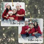 Custom Double Sided Family Two Photo Christmas Ceramic Ornament<br><div class="desc">Photo Collage Christmas Ornament. This custom ornament features a soft white gradient design with a photo on each side, giving you room to highlight two favorite memories. Under each photo, you can add the family name, date, or a custom line in black handwritten script for a sweet personal touch. The...</div>