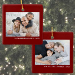Custom Double Sided Family Two Photo Christmas Ceramic Ornament<br><div class="desc">Red Photo Collage Christmas Ornament. This custom ornament features a bold red background with a photo on each side, giving you space to showcase two special memories. Below each photo, there’s room to include the family name, date, or any custom line of text in white for a clean, striking contrast....</div>