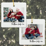 Custom Double Sided Family Two Photo Christmas Ceramic Ornament<br><div class="desc">Black Photo Collage Christmas Ornament. This custom ornament features a sleek black design with a photo on each side, giving you space to showcase two special memories. Under each photo, you can add the family name, date, or any custom line in a cute handwritten script calligraphy font for a sweet...</div>