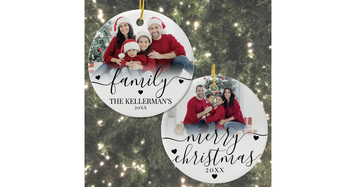 Custom Double Sided Family Two Photo Christmas Ceramic Ornament | Zazzle