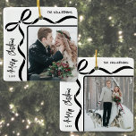 Custom Double Sided Family Two Photo Christmas Ceramic Ornament<br><div class="desc">This double-sided Christmas ornament gives you the choice to feature a different photo on each side or use the same one for a matching look. A hand-drawn coquette bow sits in the top left, with soft ribbon lines running across the top and down the left edge for a simple decorative...</div>