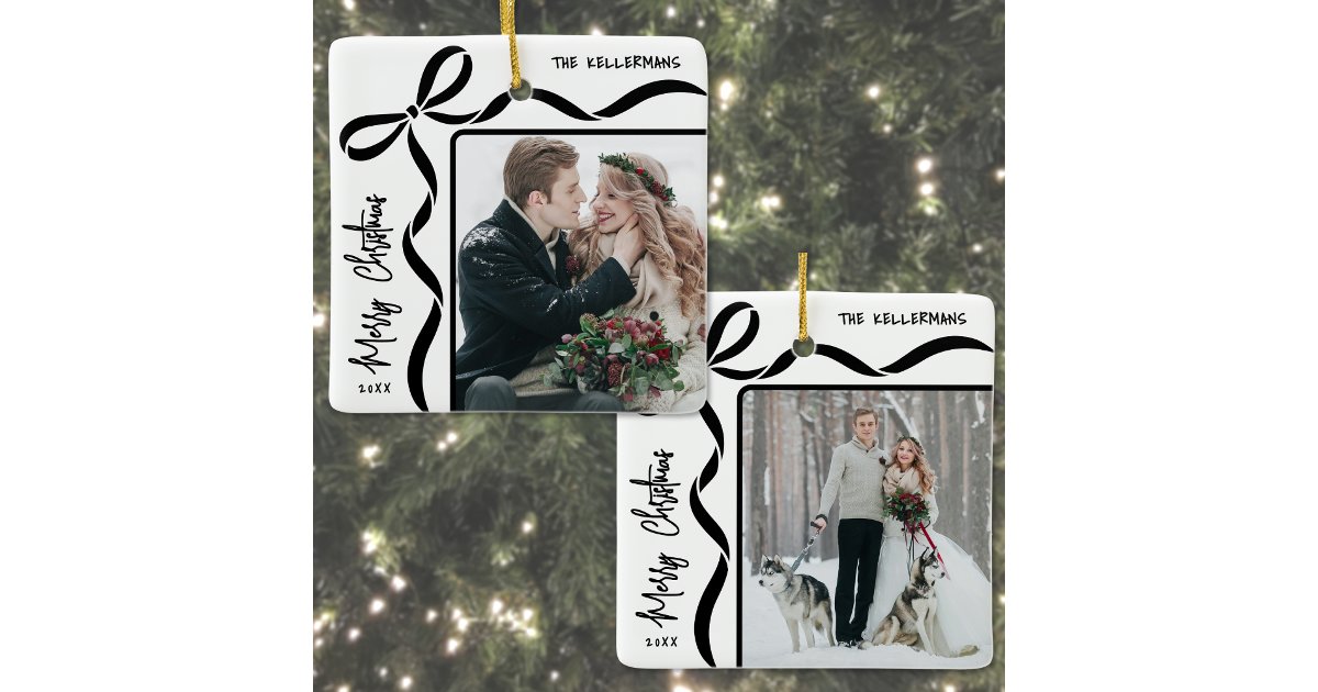 Custom Double Sided Family Two Photo Christmas Ceramic Ornament | Zazzle