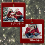 Custom Double Sided Family Two Photo Christmas Ceramic Ornament<br><div class="desc">Photo Collage Christmas Ornament. This custom ornament features a sleek black design with a photo on each side, giving you space to showcase two special memories. Under each photo, you can add the family name, date, or any custom line in a cute handwritten script calligraphy font for a sweet personal...</div>