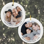 Custom Double Sided Family Two Photo Christmas Ceramic Ornament<br><div class="desc">Round Photo Christmas Ornament. This ornament switches to a round layout with two round photos—one on each side—so you can highlight two favorite moments. The name curves along the bottom on both sides for a clean, personalized touch. The simple black background keeps the whole design modern and timeless. Easy to...</div>
