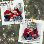 Custom Double Sided Family Two Photo Christmas Ceramic Ornament<br><div class="desc">Celebrate your family with this square photo ornament, perfect for any occasion. The front features a large photo, accented with a black doodle swag of pine greenery and hanging ornaments in the top left corner, slightly overlapping the image for a casual hand-drawn look. The top right has space for your...</div>