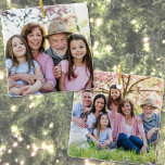 Custom Double Sided Family Two Photo Christmas Ceramic Ornament<br><div class="desc">Black Photo Collage Christmas Ornament. This custom ornament features a sleek black design with a black background between six photos arranged in a row, making it a unique way to showcase your favorite memories on the tree. Perfect as a thoughtful gift for a dad on Father’s Day or as a...</div>
