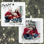 Custom Double Sided Family Two Photo Christmas Metal Ornament<br><div class="desc">Celebrate your family with this square photo ornament, perfect for any occasion. The front features a large photo, accented with a black doodle swag of pine greenery and hanging ornaments in the top left corner, slightly overlapping the image for a casual hand-drawn look. The top right has space for your...</div>