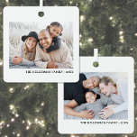 Custom Double Sided Family Two Photo Christmas Metal Ornament<br><div class="desc">Black Photo Collage Christmas Ornament. This custom ornament features a sleek black design with a photo on each side, giving you space to showcase two special memories. Below each photo, there’s room to include the family name, date, or any custom line of text for a personal touch. The simple black...</div>