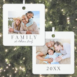 Custom Double Sided Family Two Photo Christmas Metal Ornament<br><div class="desc">This simple and elegant boho-inspired square Christmas ornament is a beautiful way to celebrate family during the holidays. The design features space for one photo on the front and one photo on the back, making it a double-sided keepsake to showcase your favorite memories. "Family" is displayed underneath the front photo...</div>