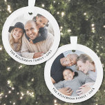 Custom Double Sided Family Two Photo Christmas Ornament<br><div class="desc">Round Photo Christmas Ornament. This ornament switches to a round layout with two round photos—one on each side—so you can highlight two favorite moments. The name curves along the bottom on both sides for a clean, personalized touch. The simple black background keeps the whole design modern and timeless. Easy to...</div>