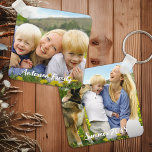Custom Double Sided Two Photo Family Pets Kids Keychain<br><div class="desc">Keep your cherished memories close with our Double-Sided Photo Keychain, a perfect blend of simplicity and modern elegance. This delightful accessory is designed to showcase two of your favorite photos, making it an ideal keepsake for displaying beloved family moments, adorable snapshots of kids, or charming pictures of pets. Dual-Photo Display:...</div>