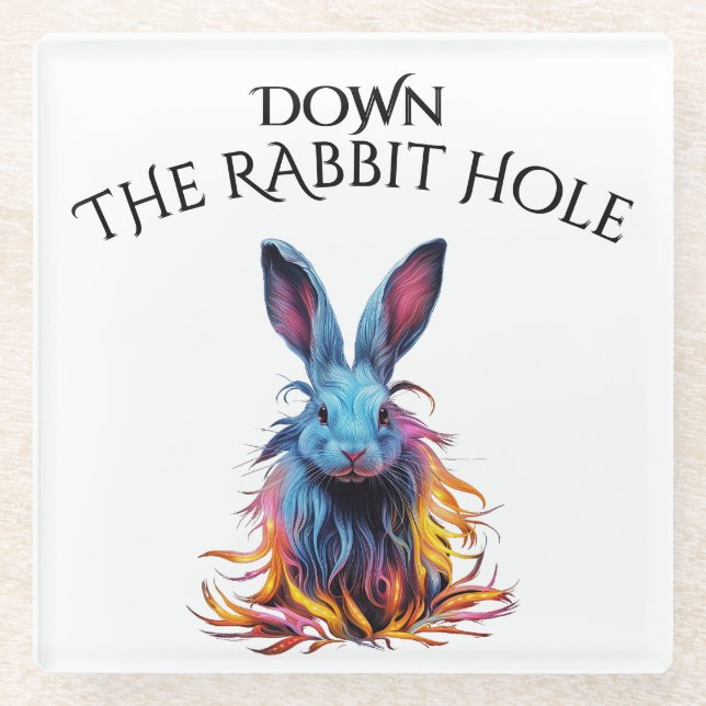 Custom Down the Rabbit Hole Blue Bunny Glass Coaster (Front)