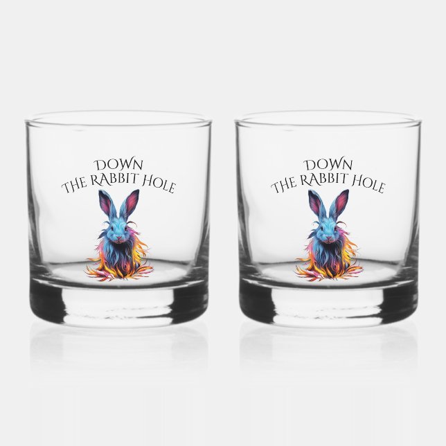 Custom Down the Rabbit Hole Blue Bunny Whiskey Glass (Front)