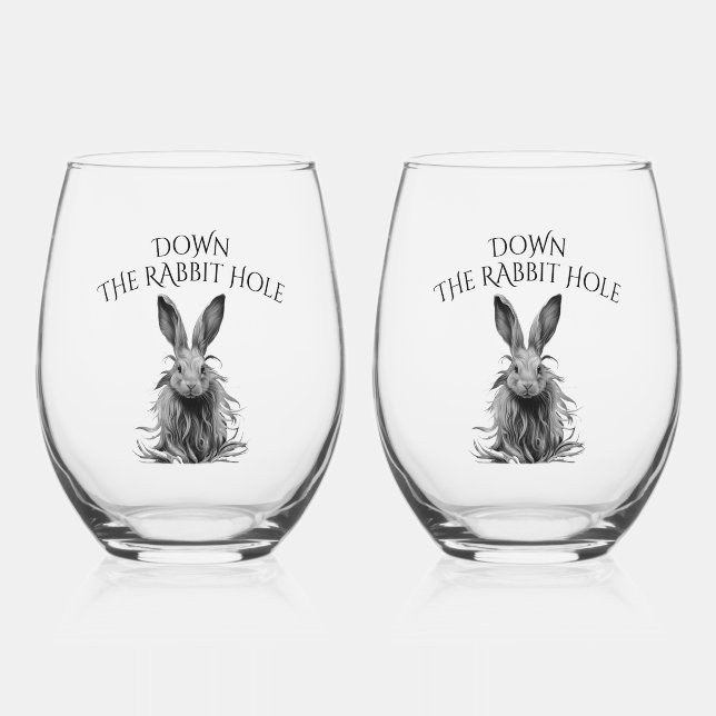 Custom Down the Rabbit Hole Gray Bunny Stemless Wine Glass (Front)