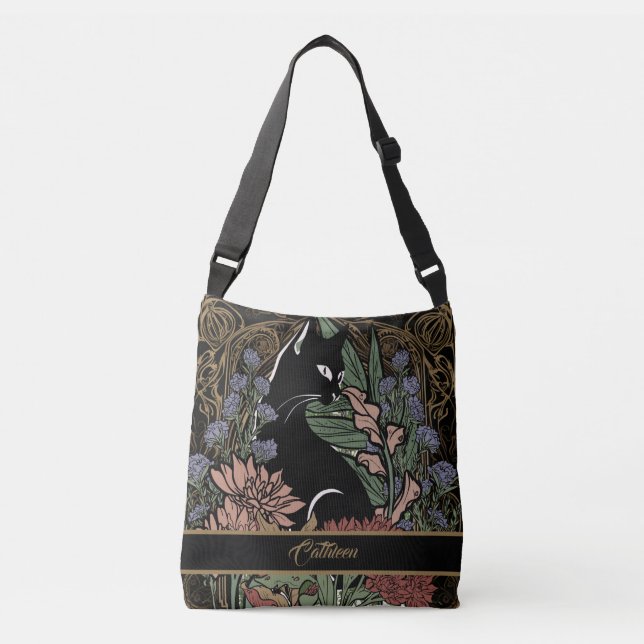 Custom Drawn Art Nouveau Black Cat With Flowers Crossbody Bag (Front)