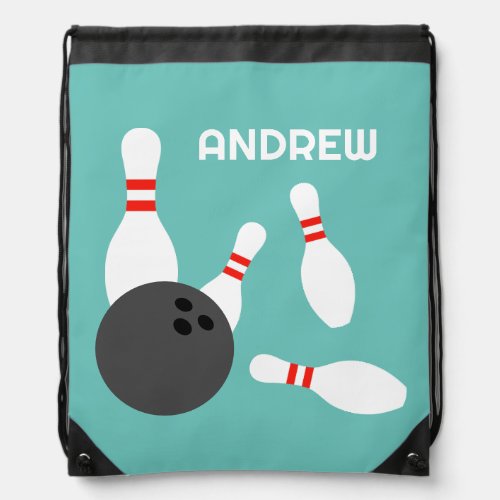 Custom drawstring bag with bowling ball and pins