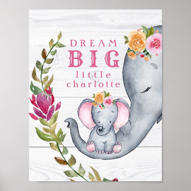 Custom Dream Big Little One Elephants Cute Pink Poster (Front)