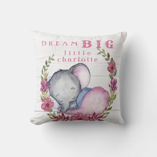 Custom Dream Big Little One Elephants Cute Pink Throw Pillow