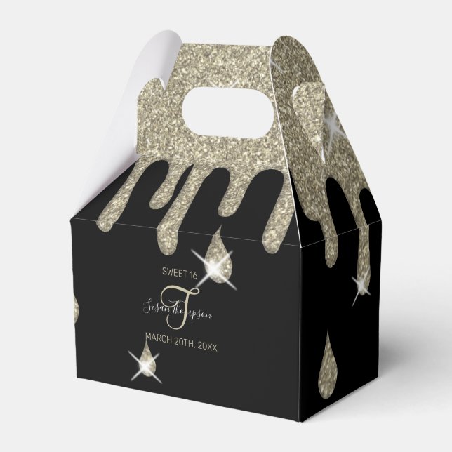 Custom Drip Silver Glitter Effect Sparkle Birthday Favor Boxes (Front Side)