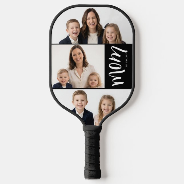 Custom Dual Mom Est. Years Script Black White Pickleball Paddle (Front)