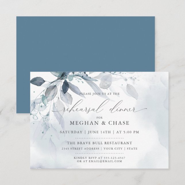 Custom  Dusty  Blue Foliage Watercolor Rehearsal Invitation (Front/Back)