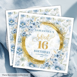 Custom Dusty Blue Sweet 16 Gold Glitter Birthday Napkins