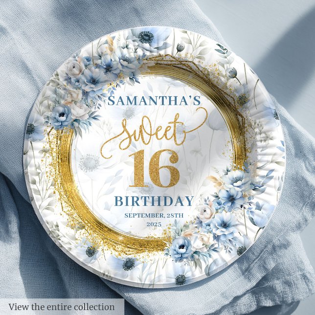 Custom Dusty Blue Sweet 16 Gold Glitter Birthday  Paper Plates (Custom Dusty Blue Sweet 16 Gold Glitter Birthday Paper Plates)