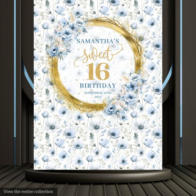 Custom Dusty Blue Sweet 16 Gold Glitter Party Sign Tapestry (Custom Dusty Blue Sweet 16 Gold Glitter Party Sign Tapestry)