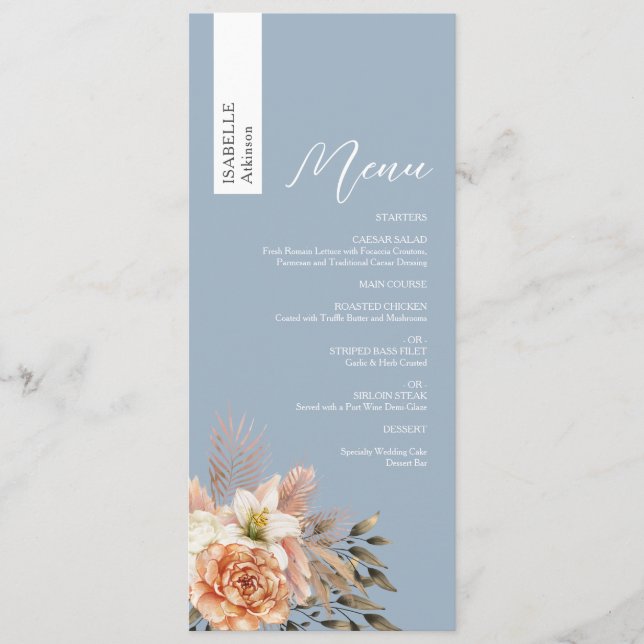 Custom Dusty Blue Wedding Menu with Name (Front)