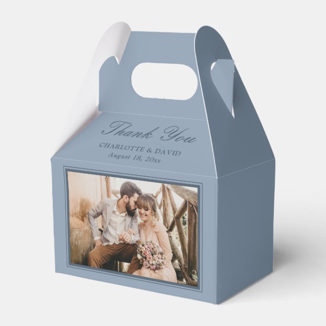 Custom Dusty Blue Wedding Photo Thank You Favor Boxes (Front Side)