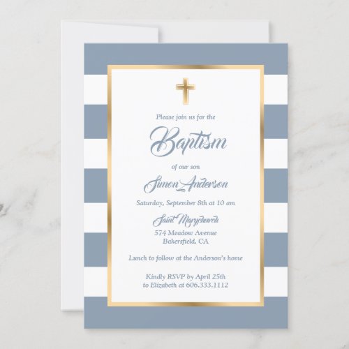 Custom Dusty Blue White Gold Stripe Baptism Invitation