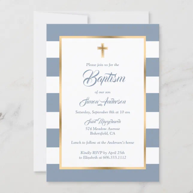 Custom Dusty Blue White Gold Stripe Baptism Invitation 