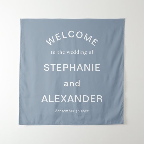 Custom Dusty Blue White Text Welcome to Wedding Tapestry