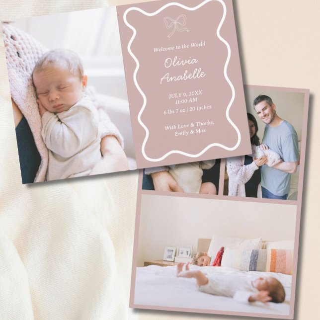 Custom Dusty Pink Bow Wavy Boho Collage Baby Birth Announcement (Custom Dusty Pink Bow Wavy Boho Collage Baby Birth Announcement
)