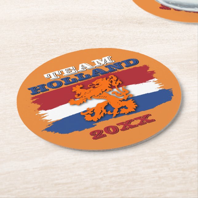 Custom Dutch Flag Orange Lion Team Holland 2019 Ro Round Paper Coaster (Angled)