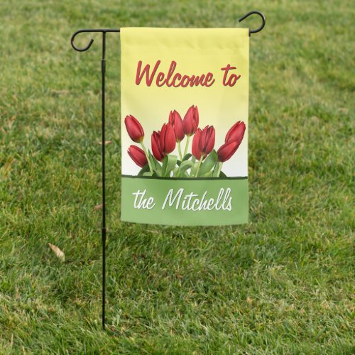 Custom Dutch Red Tulips Welcome Retro Script Garden Flag