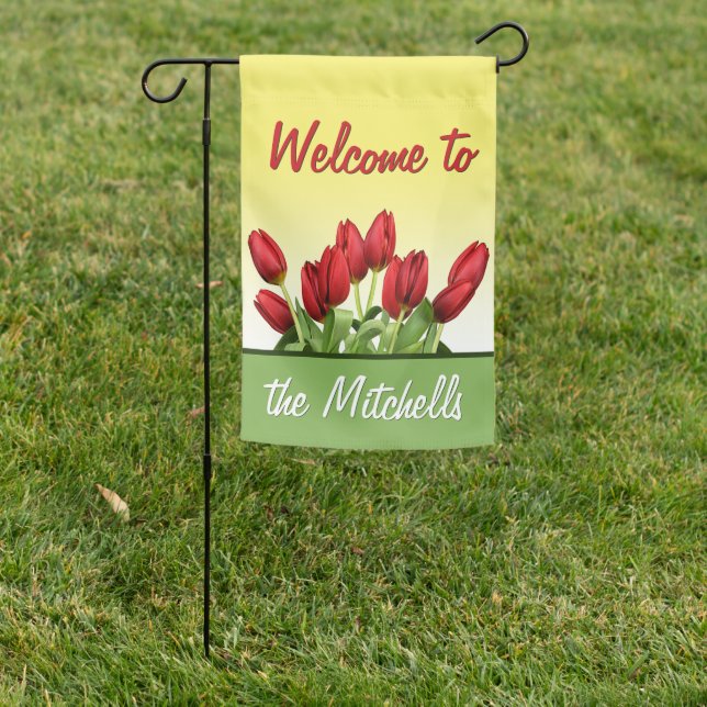 Custom Dutch Red Tulips Welcome Retro Script Garden Flag (In SItu)