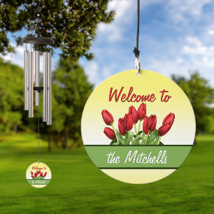 Custom Dutch Red Tulips Welcome Retro Script Wind Chime