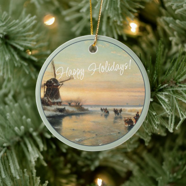 Custom Dutch Winter Wonderland Landscape Painting Ceramic Ornament (Tree)