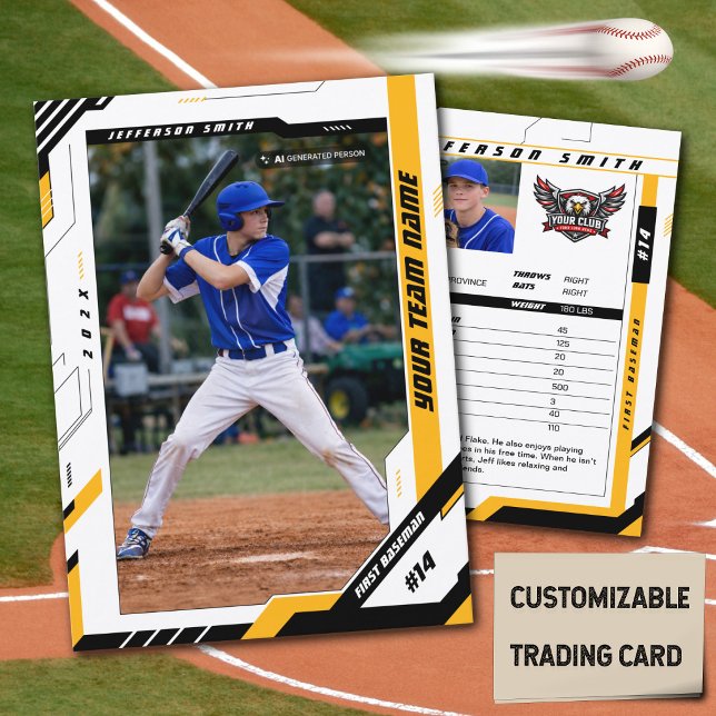 Custom Dynamic Yellow Baseball Player Trading Card (Celebrate your player and season with a personalized baseball trading card made to stand out.)