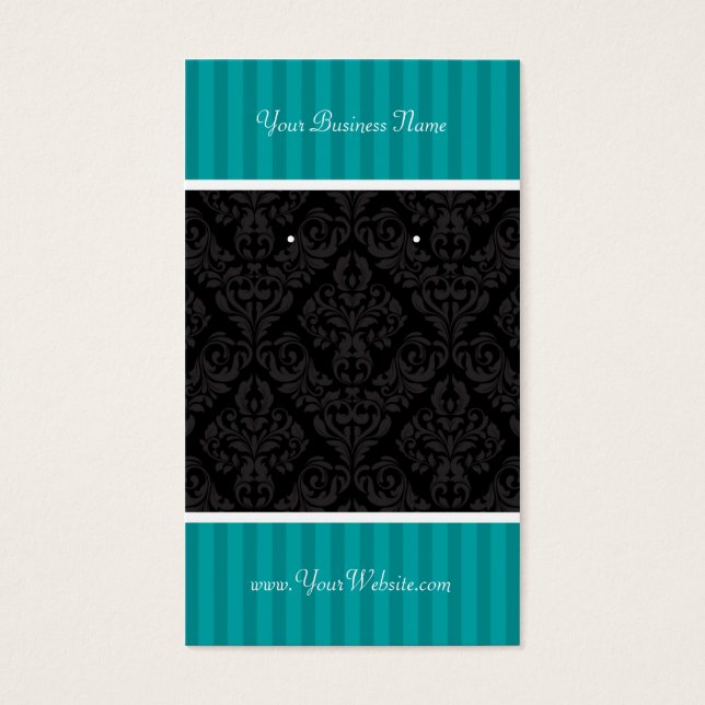 Custom Earring Cards Turquoise Stripe Black Damask (Front)