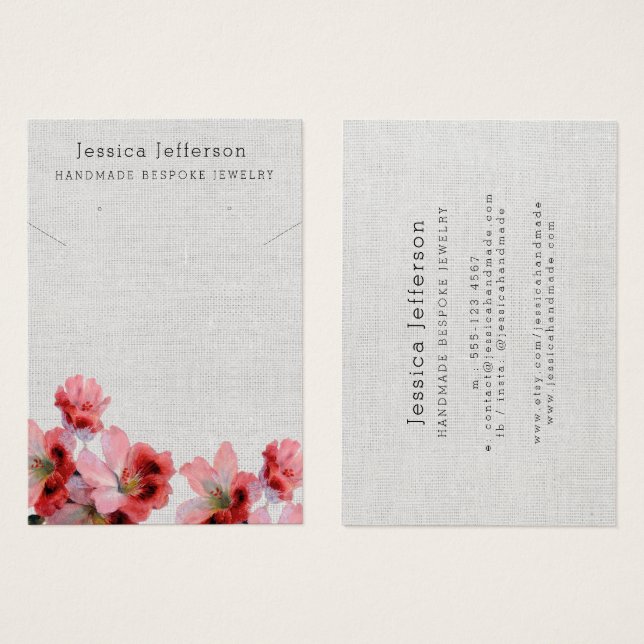 Custom Earring Jewelry Floral Linen Display Card (Front & Back)