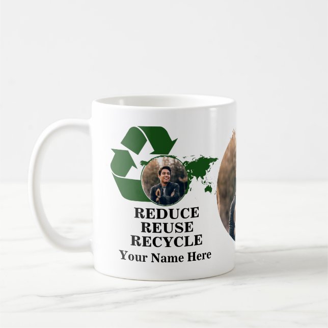 Custom earth day photo reduce reuse recycle planet coffee mug (Left)
